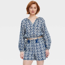 STR | Women's Daisy Floral Long Sleeve Tie-Neck Boho Top Navy Blue - Roller Rabbit x Target XS