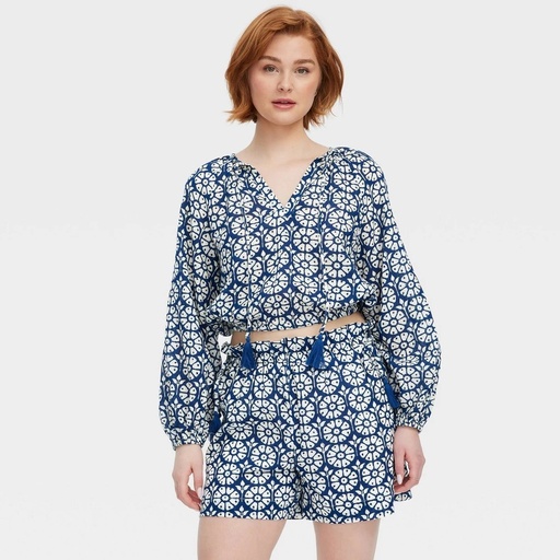 STR | Women's Daisy Floral Long Sleeve Tie-Neck Boho Top Navy Blue - Roller Rabbit x Target XS