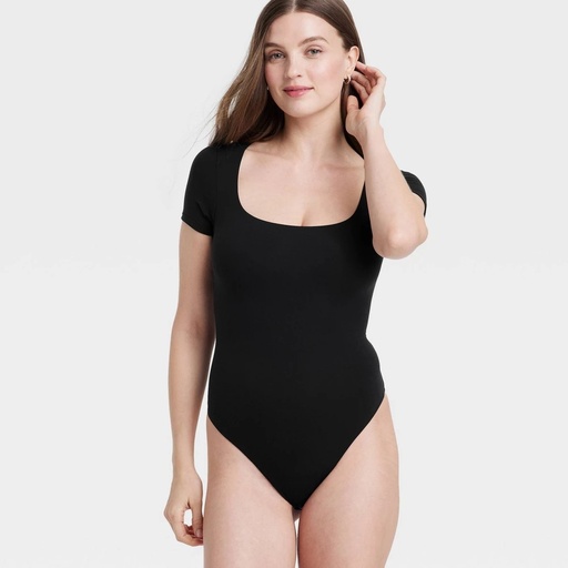 STR | Women's Luxe Stretch Squareneck Thong Bodysuit - Auden™ Black L: Solid Knit, Cotton Gusset, Lingerie