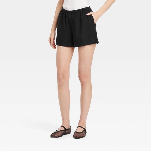 STR | Women's Mid-Rise Linen Pull-On Shorts - A New Day™ Black M: Adjustable Waist, Seam Pocket, Canvas Fabric