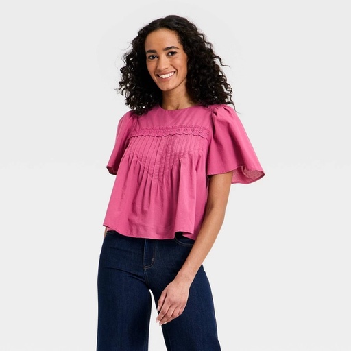 STR | Women's Short Sleeve Lace Pintuck Blouse - Universal Thread™ Berry Red XS
