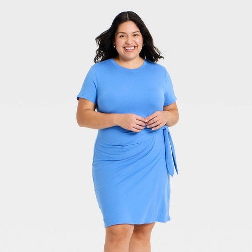 STR | Women's Short Sleeve Tie-Front Knit Mini Dress - A New Day™ Blue 1X