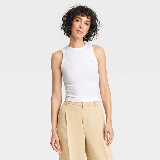 STR | Women's Slim Fit Cropped Ribbed Tank Top - A New Day™ White M: Cotton Modal Blend, Crew Neck, Sleeveless Pullover