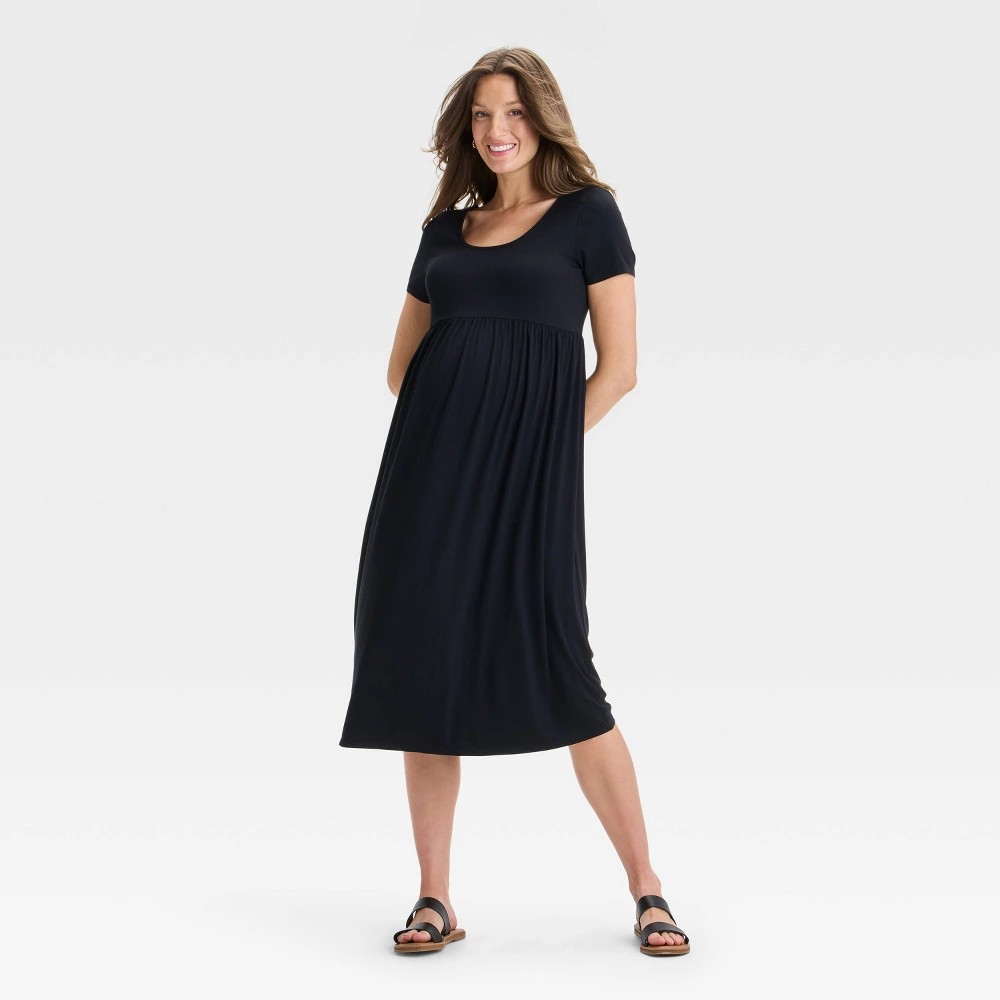 STR | Short Sleeve Empire Waist Midi Maternity Dress - Isabel Maternity by Ingrid & Isabel™ Black M: Rayon Spandex Blend, Scoopneck