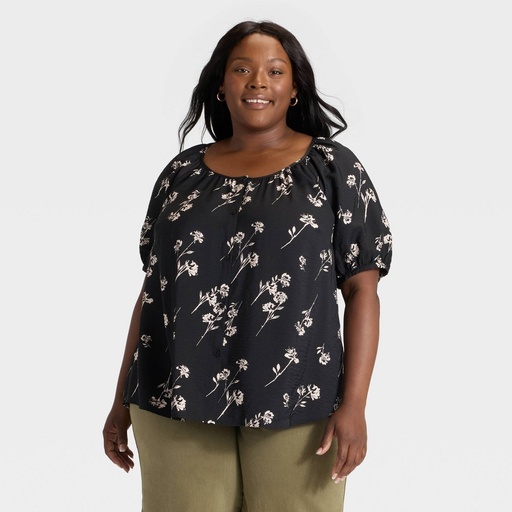 STR | Women's Puff Elbow Sleeve Button-Front Top - Ava & Viv™ Black Floral 1X