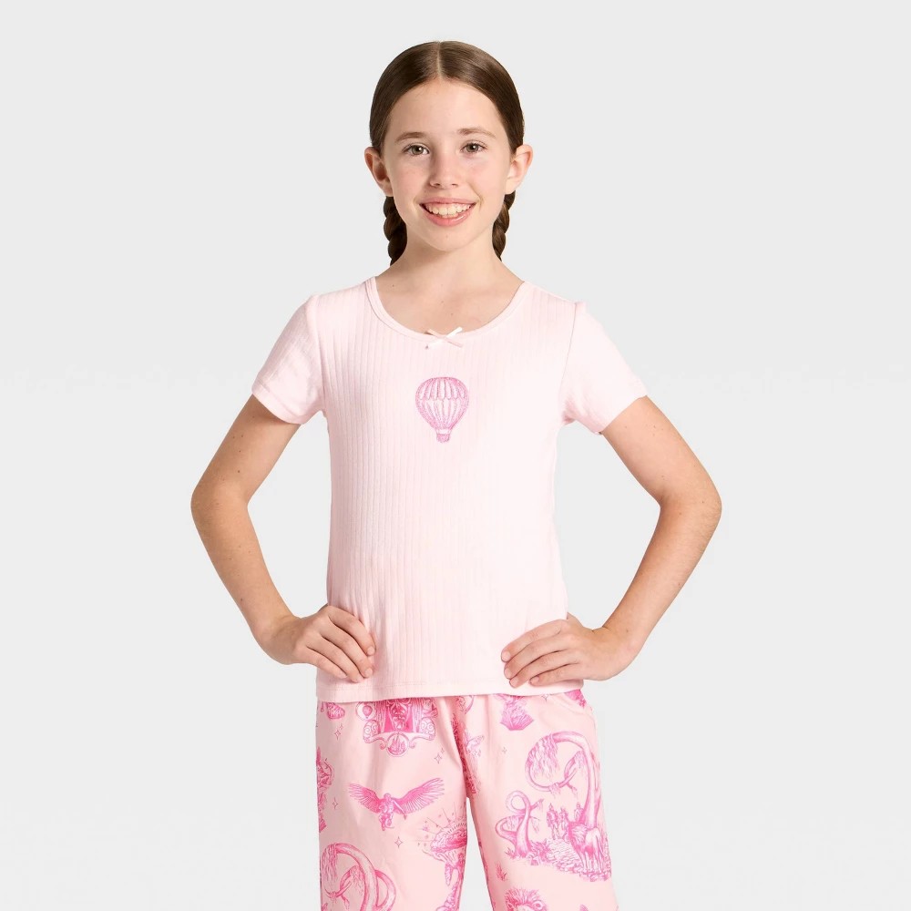 STR | Wicked x Katie Kime Girls' Short Sleeve Pointelle Balloon Graphic T-Shirt - Light Pink XL