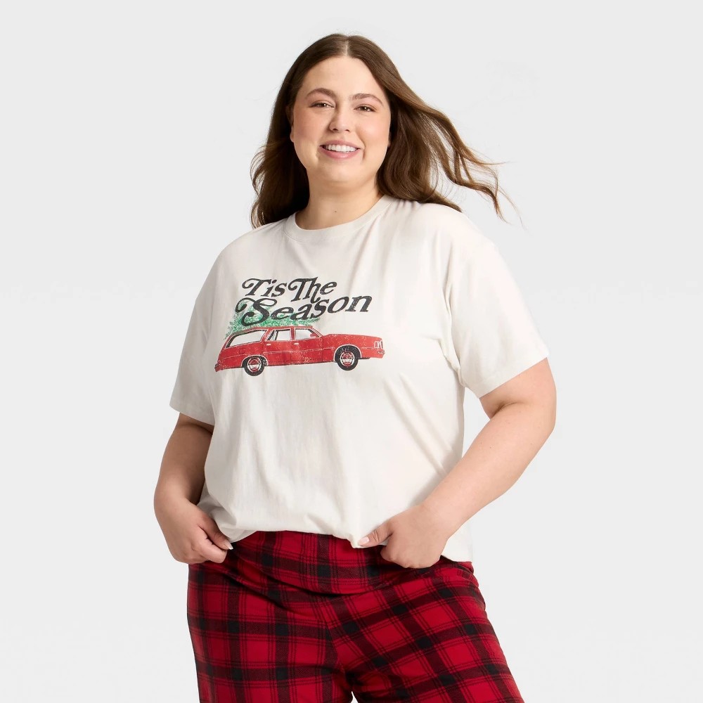 STR | Women's "Tis the Season" Short Sleeve Holiday Matching Family Pajama Shirt - Wondershop™ Cream 1X