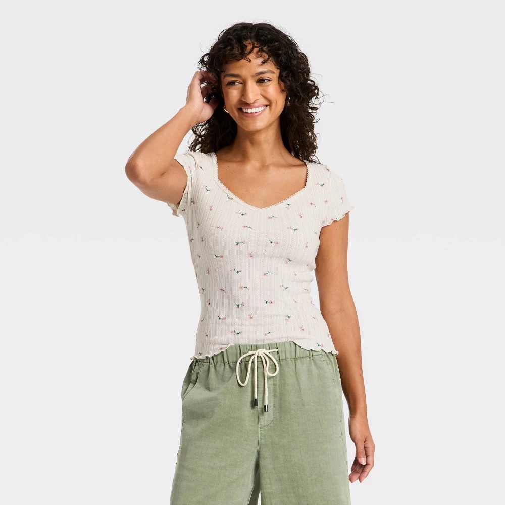 STR | Women's Slim Fit Short Sleeve Pointelle Sweetheart Neck T-Shirt - Universal Thread™ Cream Floral M