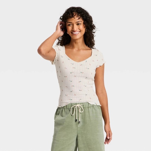 STR | Women's Slim Fit Short Sleeve Pointelle Sweetheart Neck T-Shirt - Universal Thread™ Cream Floral M