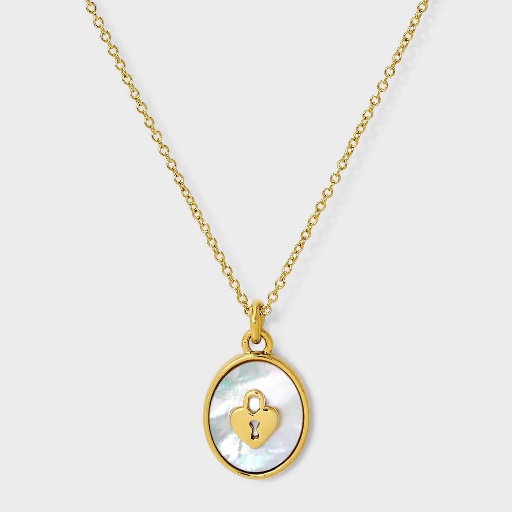 STR | Tiny Tags 14K Gold Ion Plated with Mother of Pearl Inlay Lock Pendant Necklace - Gold