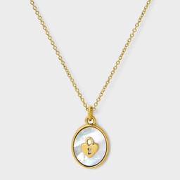 STR | Tiny Tags 14K Gold Ion Plated with Mother of Pearl Inlay Lock Pendant Necklace - Gold