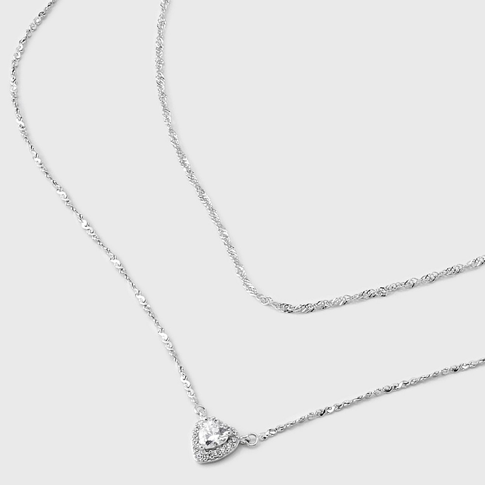STR | Silver Plated Halo Heart Cubic Zirconia Multi-Strand Necklace - A New Day™: Brass, Nickel-Free