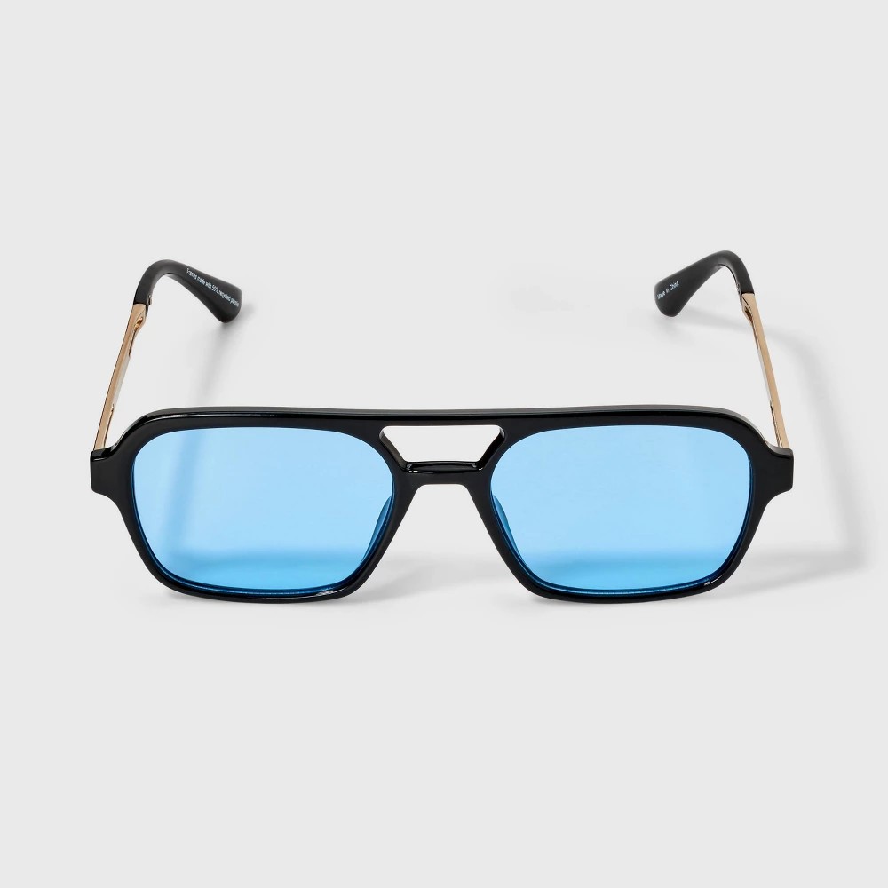 STR | Women's Shiny Plastic Aviator Sunglasses with Blue Lenses - Wild Fable™ Black
