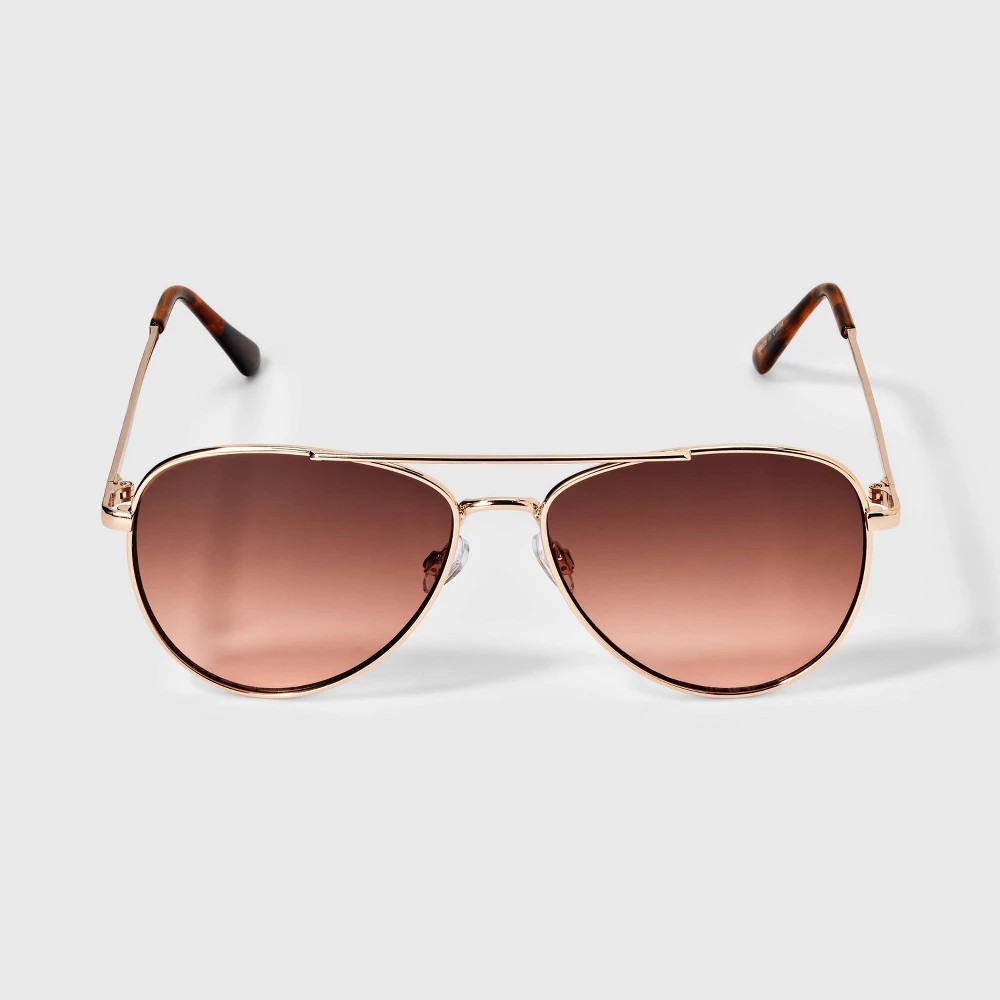 STR | Women's Shiny Metal Aviator Sunglasses with Brown Gradient Lenses - Wild Fable™ Gold