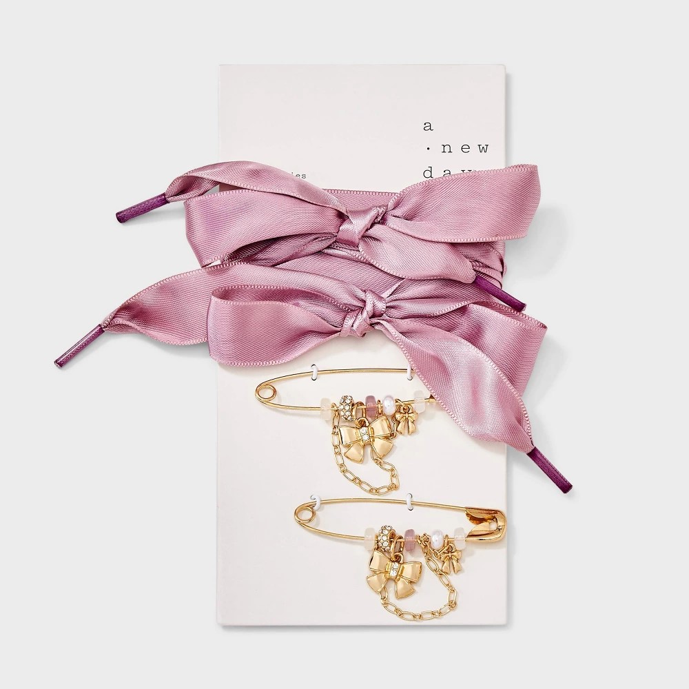 STR | Safety Pin & Bow Charms Shoe Accessory Set - A New Day™ Gold/Pink