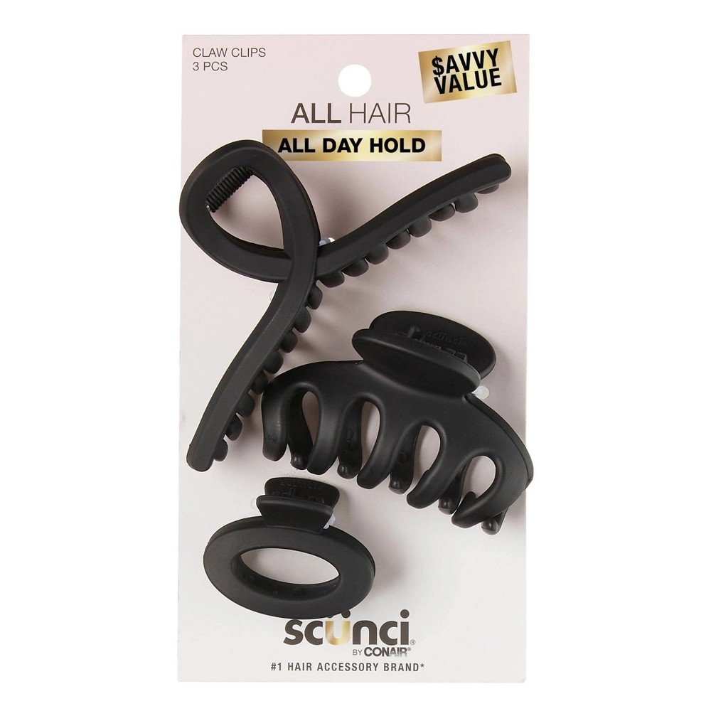 STR | scünci Assorted Styles Claw Clips - Matte Black - All Hair - 3pcs