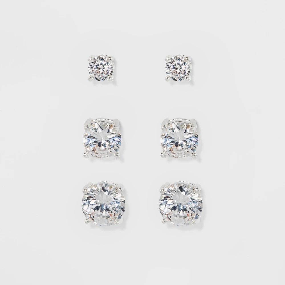 STR | Women's Fashion Trio Crystal Round Stud Earring Set 3pc - A New Day™ Silver: Nickel-Free Metal, Post Closure