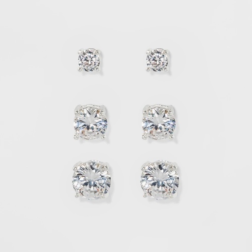 STR | Women's Fashion Trio Crystal Round Stud Earring Set 3pc - A New Day™ Silver: Nickel-Free Metal, Post Closure