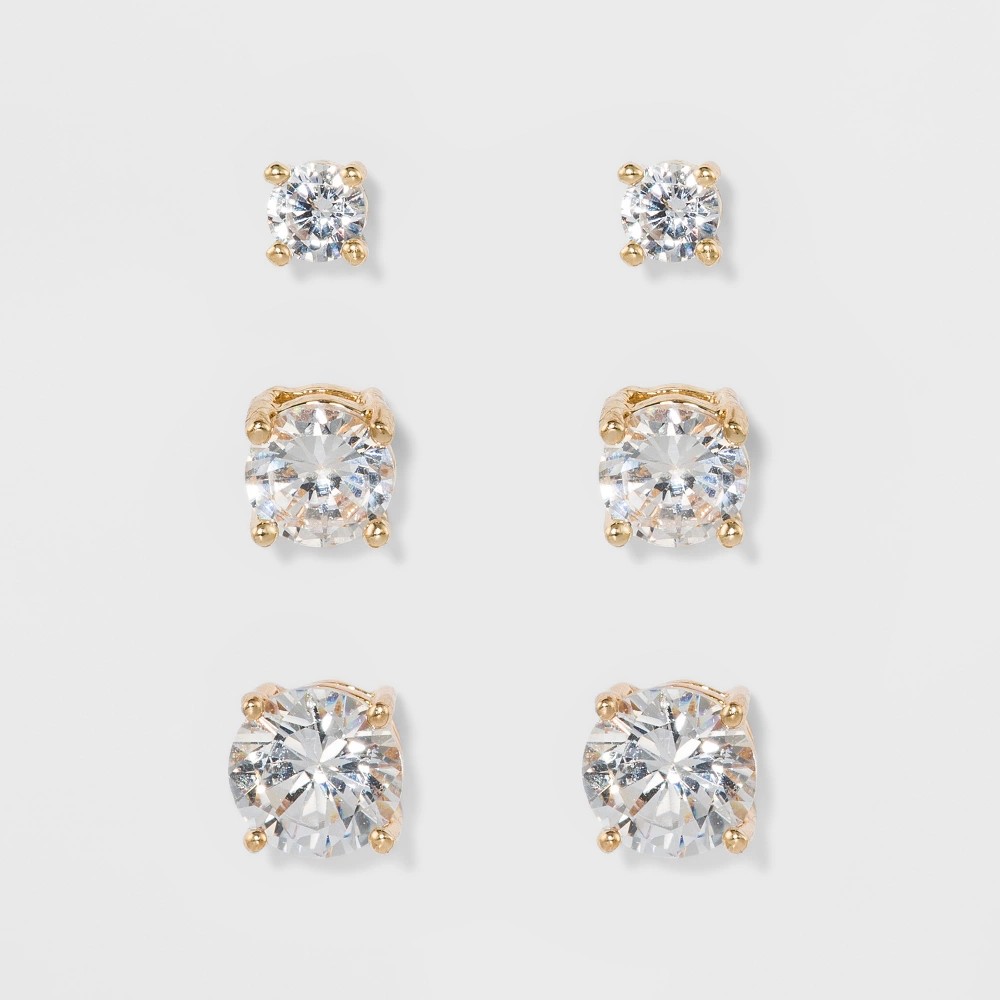 STR | Crystal Round Stud Earring Set 3pc - A New Day™ Gold: Nickel-Free Metal, Post Closure
