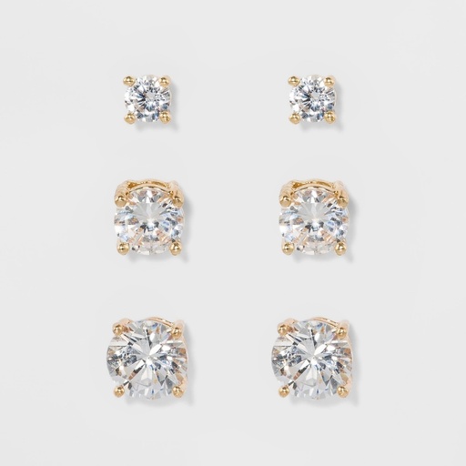 STR | Crystal Round Stud Earring Set 3pc - A New Day™ Gold: Nickel-Free Metal, Post Closure