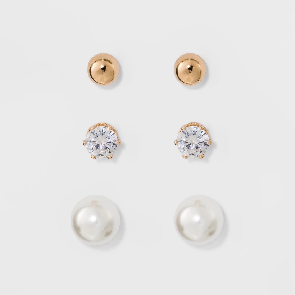 STR | Stud Earring Set 3pk - A New Day™ Gold/Silver: Hypoallergenic Glass & Brass, Nickel-Free Metal