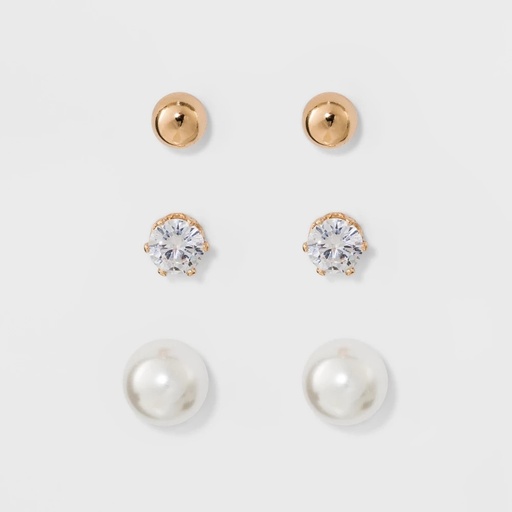 STR | Stud Earring Set 3pk - A New Day™ Gold/Silver: Hypoallergenic Glass & Brass, Nickel-Free Metal