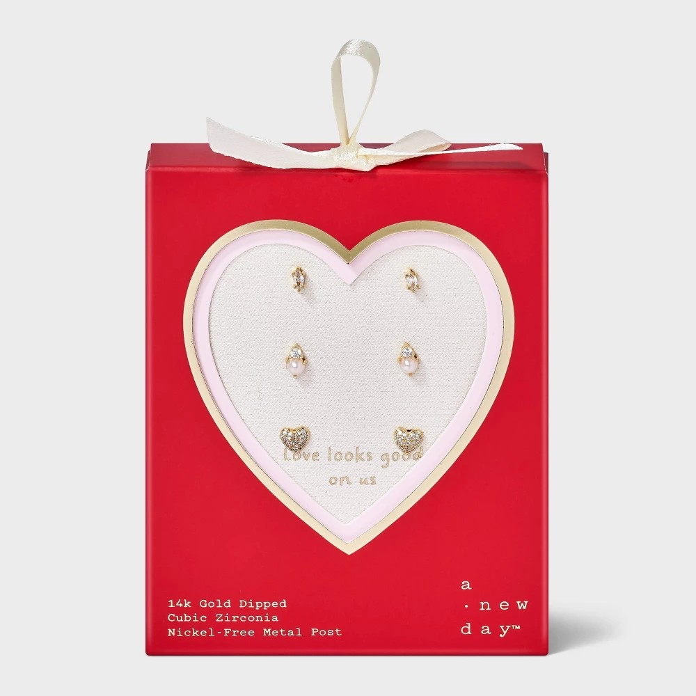 STR | 14K Gold Dipped Cubic Zirconia Heart Pearl Stud Earring Set 3pc - A New Day™ Gold/Ivory