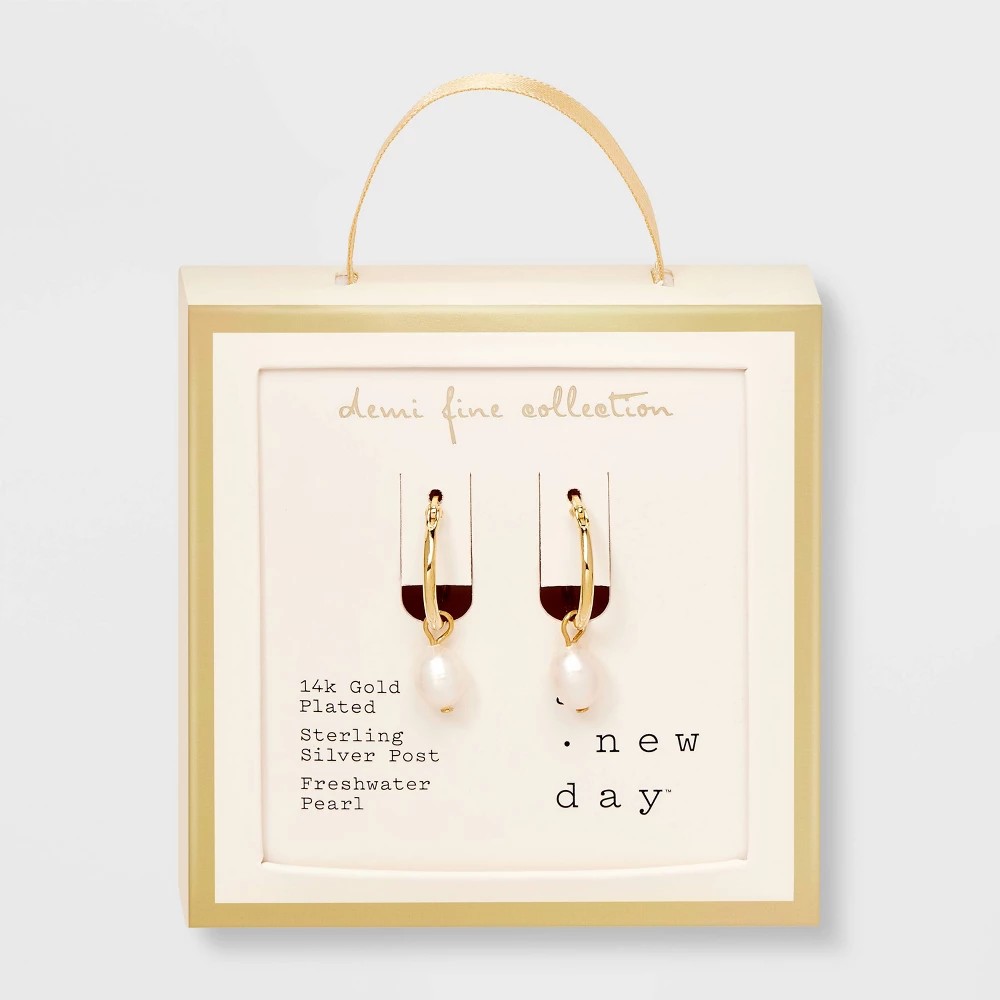 STR | 14k Gold Plated Freshwater Pearl Click Top Hoop Earrings - A New Day™ Gold: Nickel-Free, Statement Jewelry