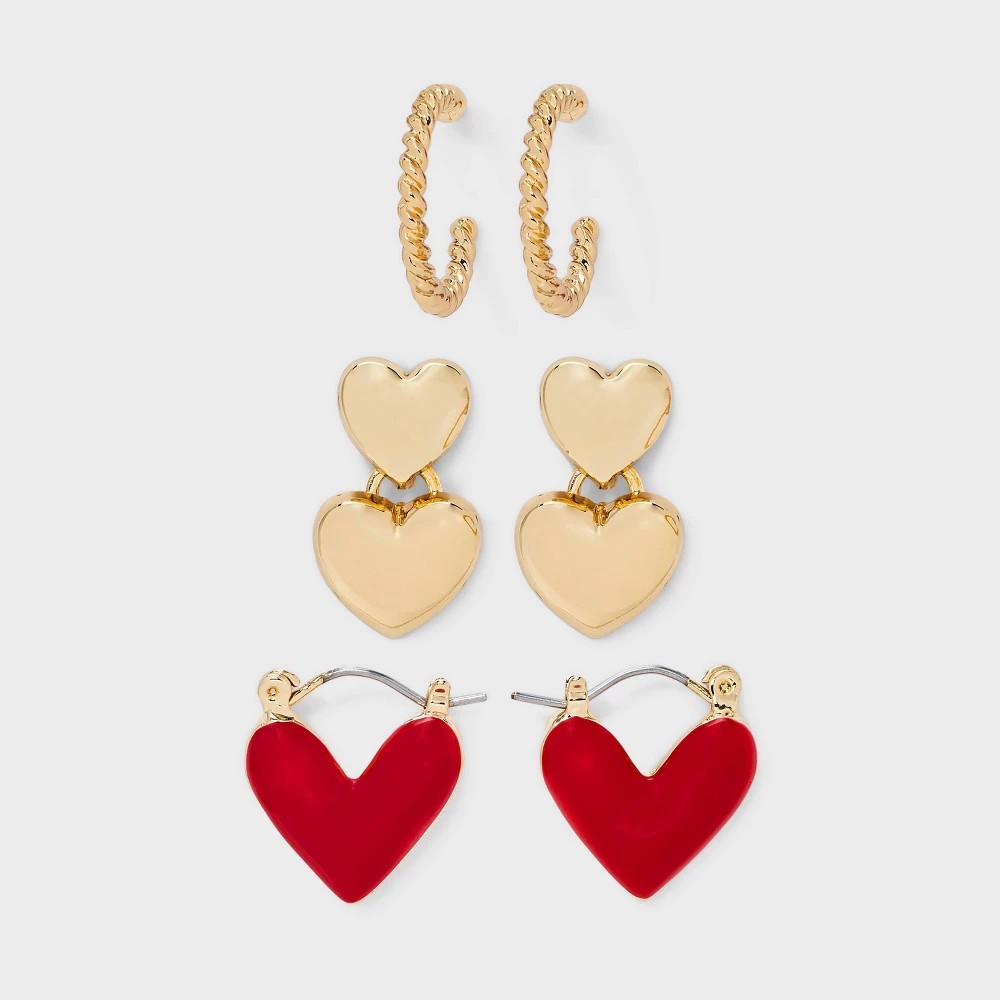 STR | Twisted Heart Hoop Earring 3pc Set - A New Day™ Gold/Red