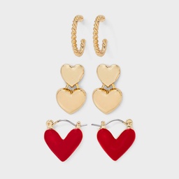 STR | Twisted Heart Hoop Earring 3pc Set - A New Day™ Gold/Red
