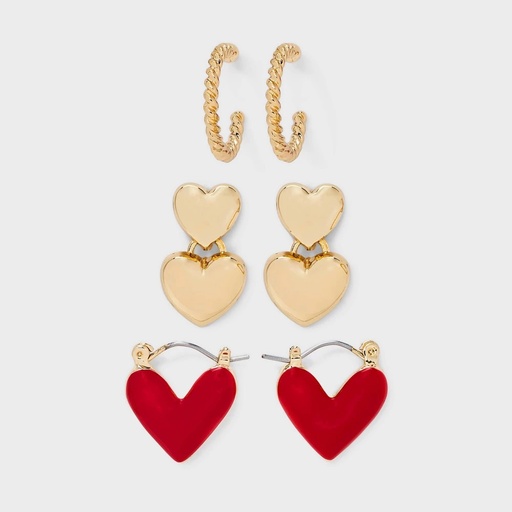 STR | Twisted Heart Hoop Earring 3pc Set - A New Day™ Gold/Red