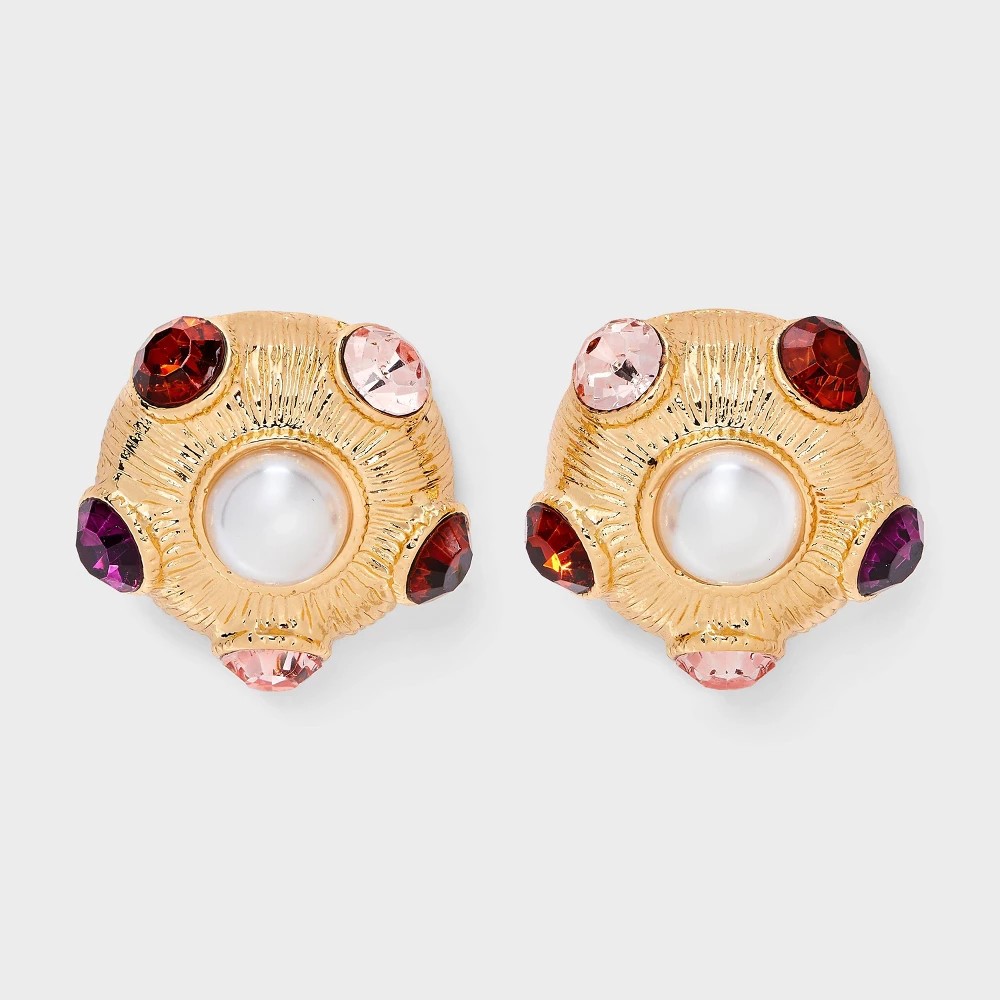 STR | Pearl and Multi-Stone Button Earrings - A New Day™ Gold/Red/Purple