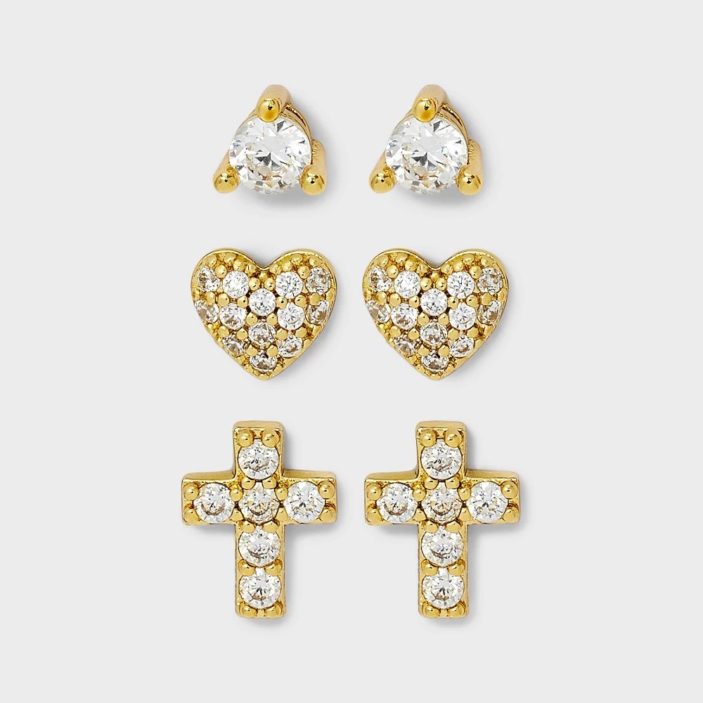 STR | 14K Gold Plated Cubic Zirconia Heart and Cross Earring Set 3pc - A New Day™ Gold