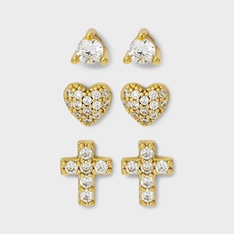 STR | 14K Gold Plated Cubic Zirconia Heart and Cross Earring Set 3pc - A New Day™ Gold