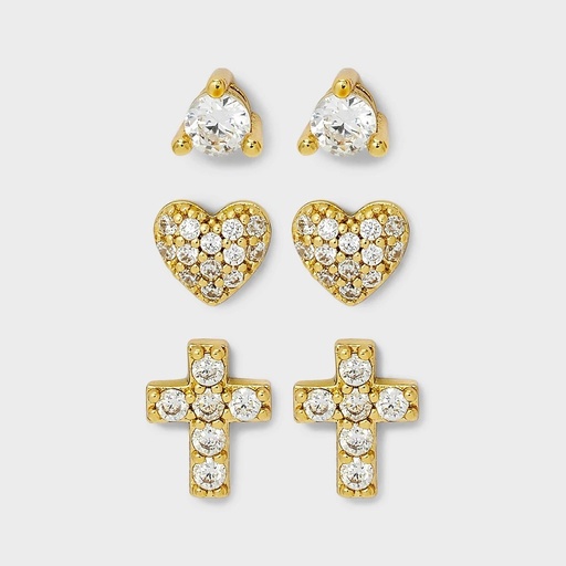 STR | 14K Gold Plated Cubic Zirconia Heart and Cross Earring Set 3pc - A New Day™ Gold