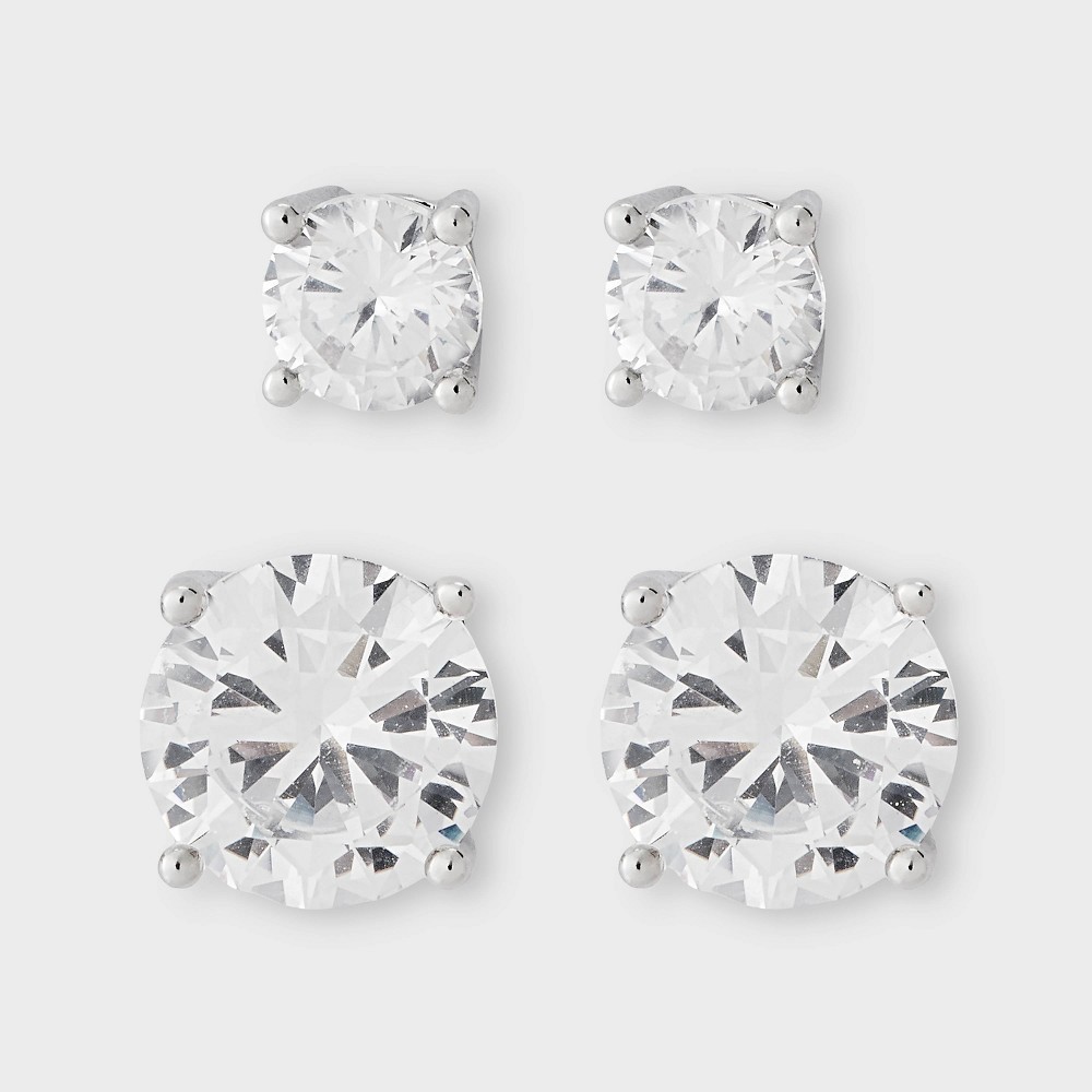 STR | Silver Plated Cubic Zirconia Round Stud Post Earring Set 2pc - A New Day™ Silver 5/8mm
