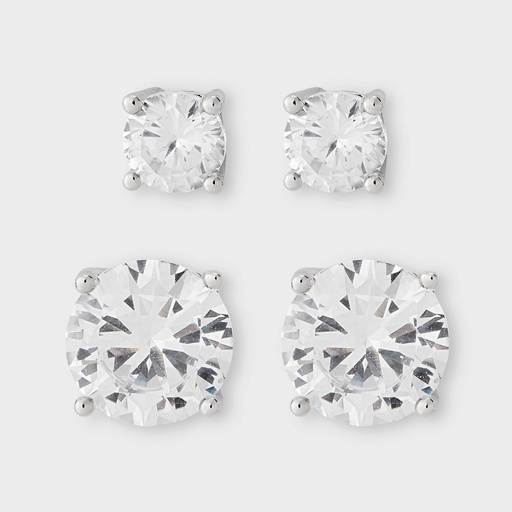 STR | Silver Plated Cubic Zirconia Round Stud Post Earring Set 2pc - A New Day™ Silver 5/8mm