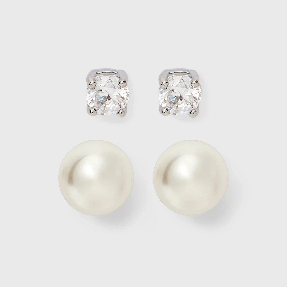 STR | Sterling Silver Cubic Zirconia with Pearl Stud Earring Set 2pc - A New Day™ Silver