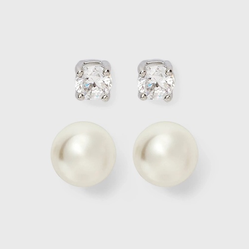 STR | Sterling Silver Cubic Zirconia with Pearl Stud Earring Set 2pc - A New Day™ Silver