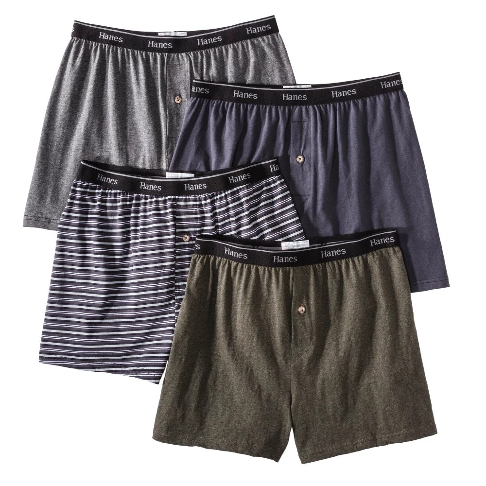 STR | Hanes Premium Men's 4pk Stretch Cotton Knit Boxers - Black/Gray L: Tagless Boxer Shorts, Regular Rise