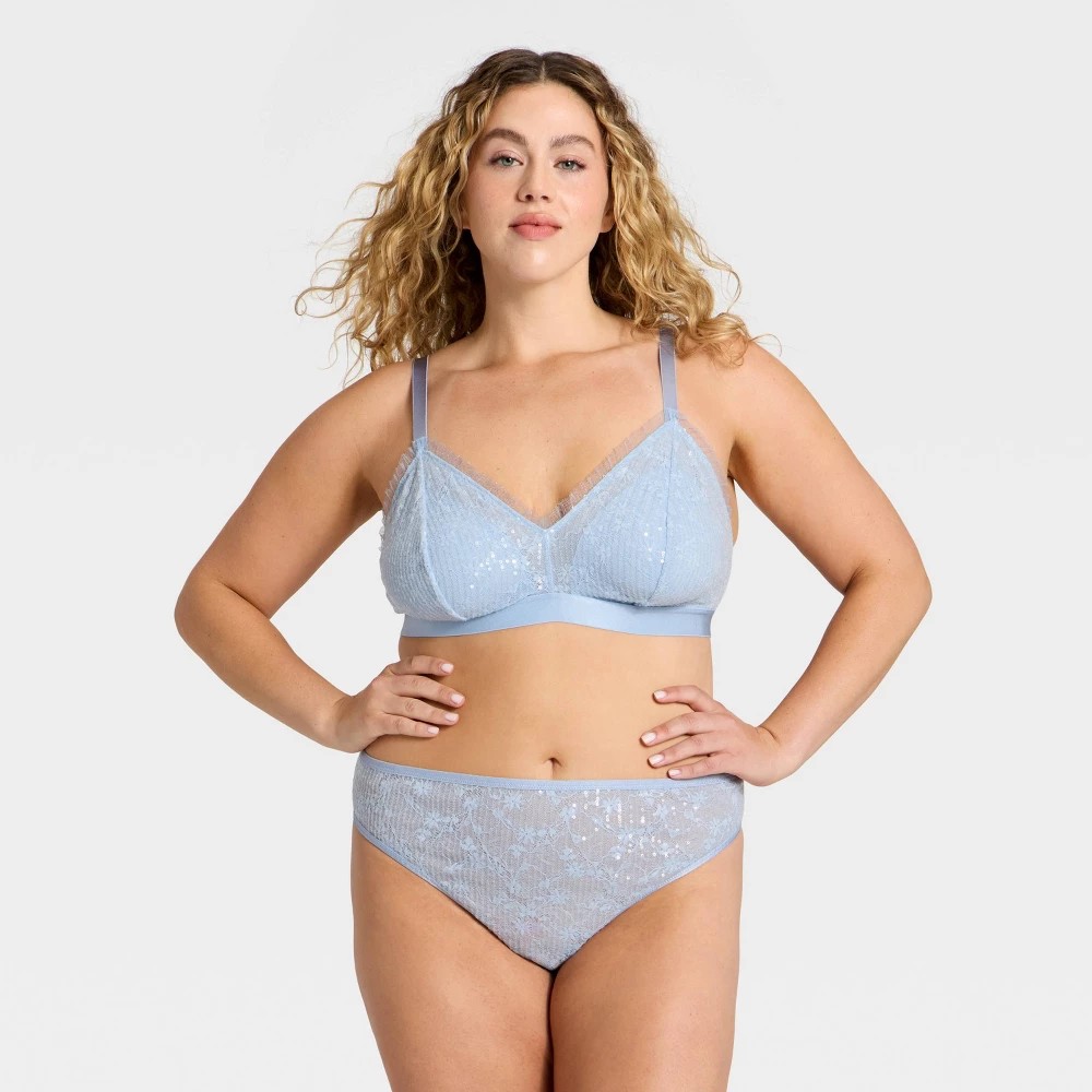 STR | Women's Sequin Lace Bralette & Thong Underwear Set - Wild Fable™ Light Blue XXL
