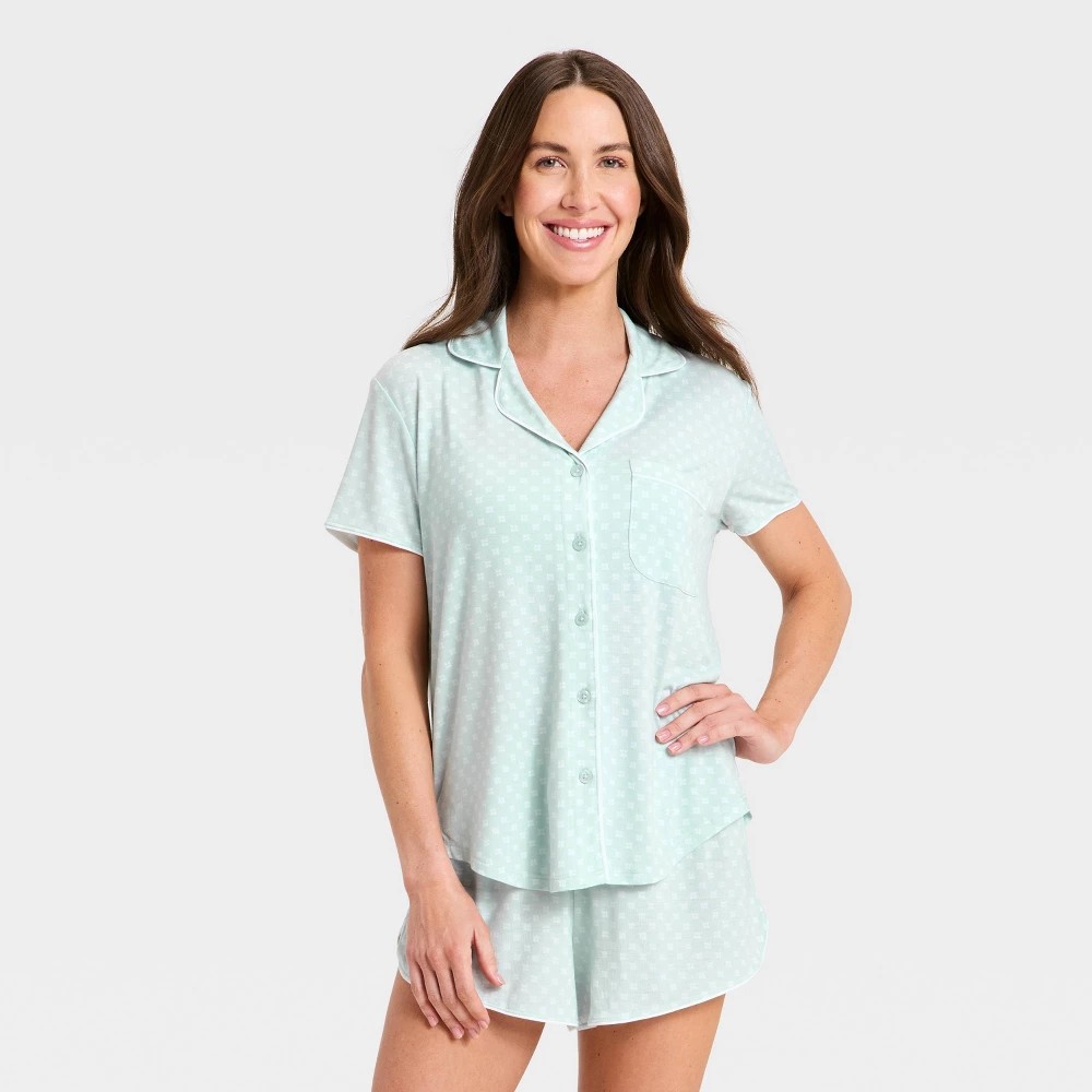 STR | Women's Short Sleeve Notch Collar Shirt and Shorts Pajama Set - Auden™ Mint M