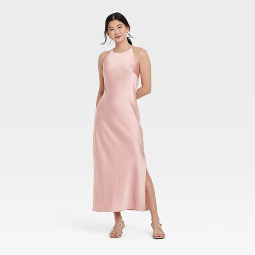 STR | Women's Satin Halter Maxi Slip Dress - A New Day™ Light Pink XS: Open Back, Sleeveless, Solid Pattern