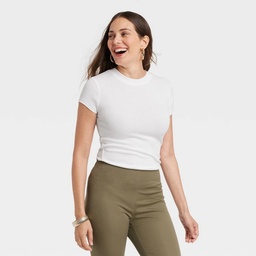 STR | Women's Slim Fit Short Sleeve Ribbed T-Shirt - A New Day™ White M: Cotton Modal Blend, Crew Neck, Pullover