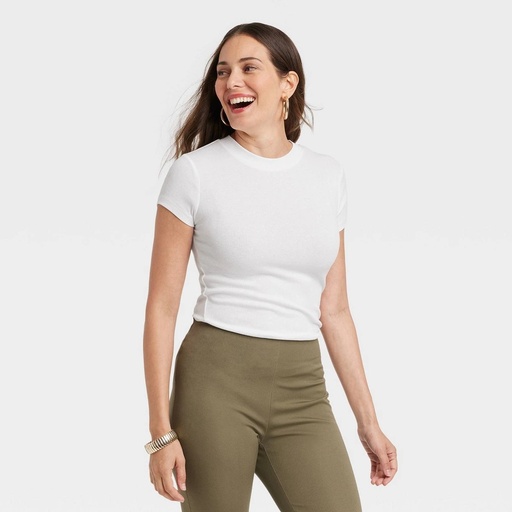 STR | Women's Slim Fit Short Sleeve Ribbed T-Shirt - A New Day™ White M: Cotton Modal Blend, Crew Neck, Pullover