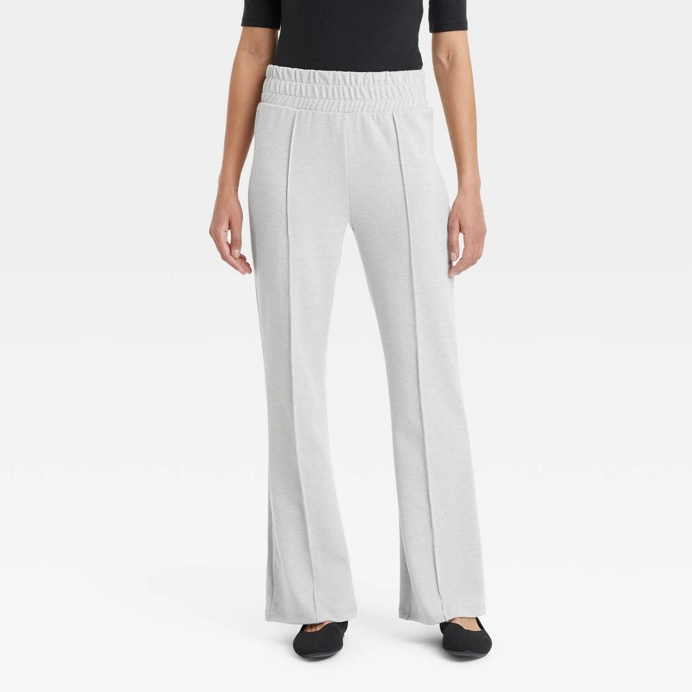 STR | Women's Cozy Wide Leg Flare Pants with Front Seam and Smocked Waistband - A New Day™ Heather White L: High Rise, Relaxed Fit, Power Stretch