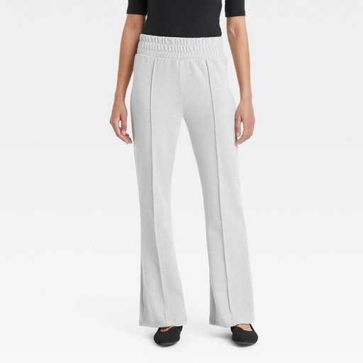 STR | Women's Cozy Wide Leg Flare Pants with Front Seam and Smocked Waistband - A New Day™ Heather White L: High Rise, Relaxed Fit, Power Stretch