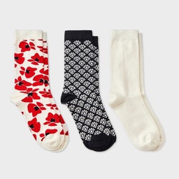 STR | Women's Modern Floral & Geometric Print 3pk Crew Socks - A New Day™ Red/Ivory/Black 4-10