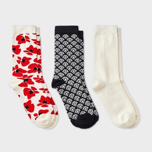STR | Women's Modern Floral & Geometric Print 3pk Crew Socks - A New Day™ Red/Ivory/Black 4-10