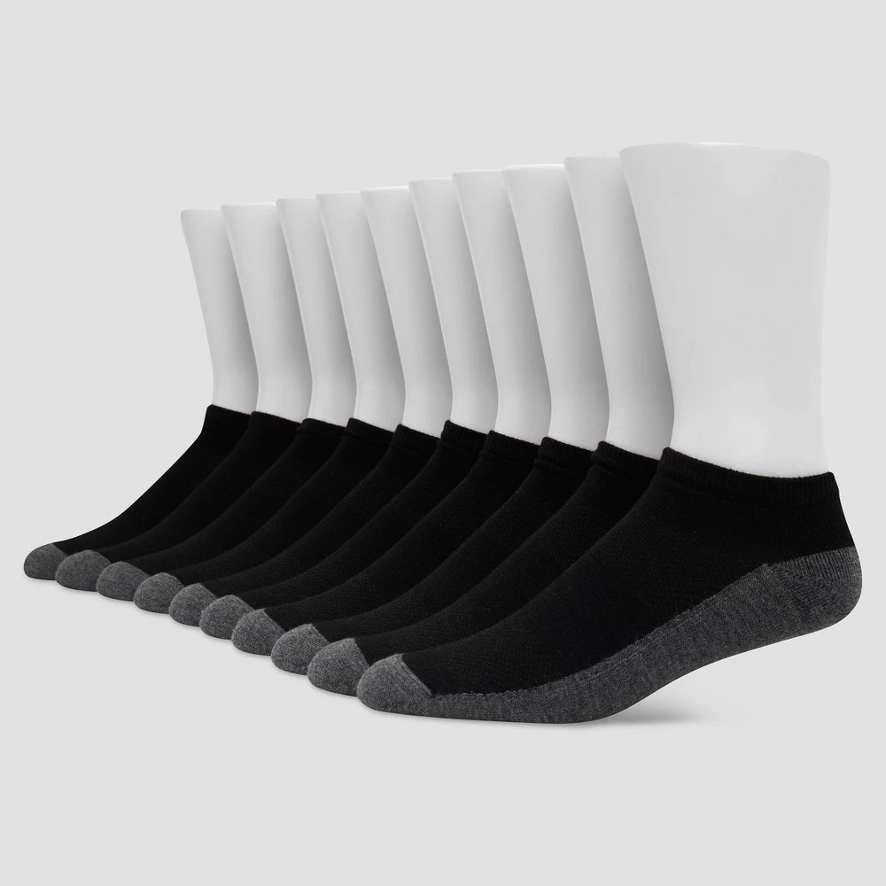 STR | Men's Hanes Premium Low Cut Socks 10pk - Black: Moisture Wicking, Breathable, Midweight, Size 6-12